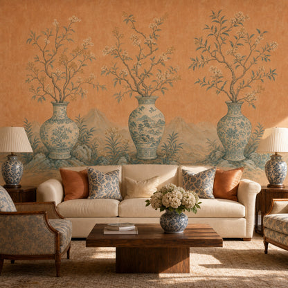 Chinoiserie Wallpaper Porcelain Vases Oriental Landscape Wall Mural