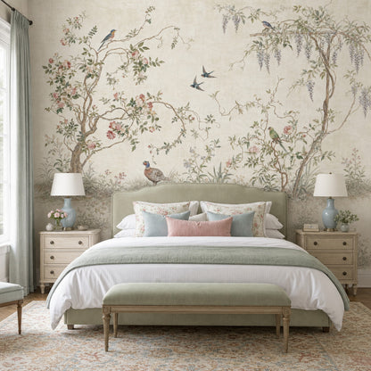 Muted Green Wallpaper Botanical Chinoiserie Wall Mural