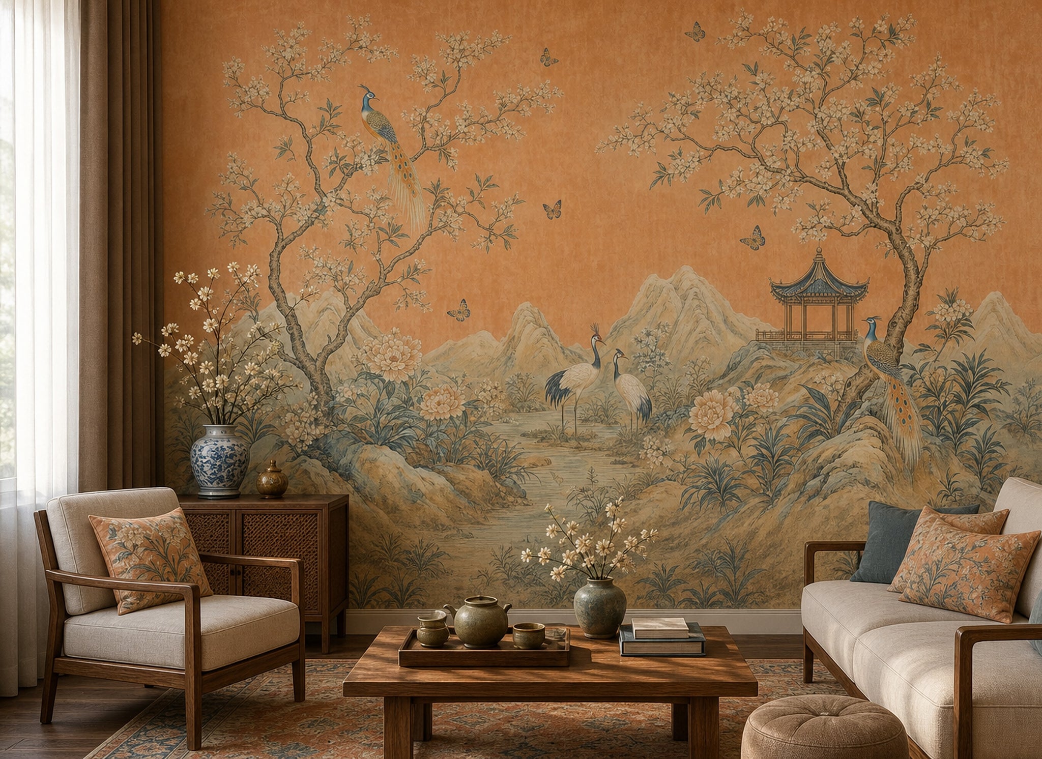 Chinoiserie Wallpaper Asian Landscape Terracotta Background Wall Mural