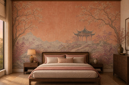 Asian Landscape Wallpaper Pavilion Gazebo Removable Chinoiserie Wall Decor