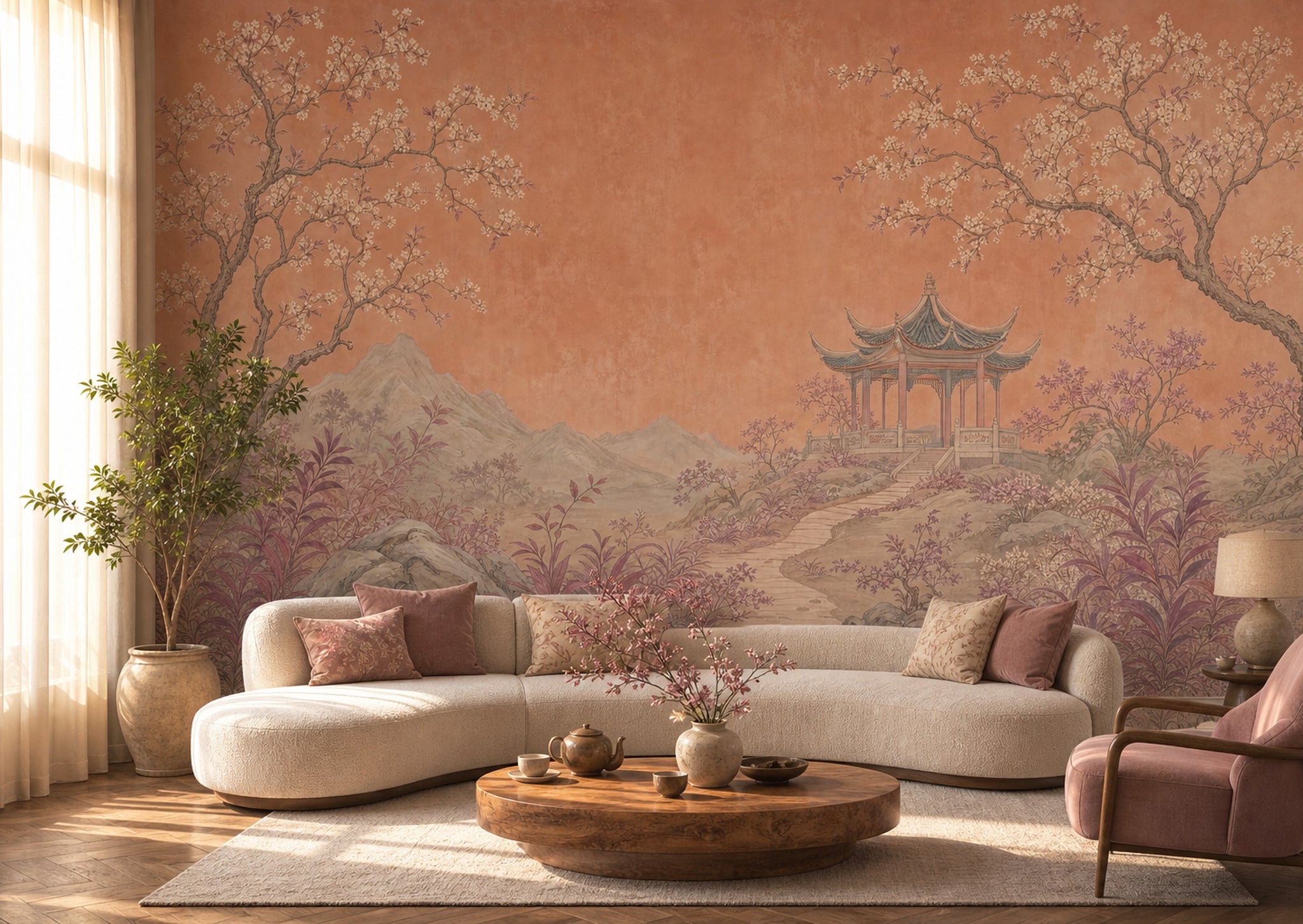 Asian Landscape Wallpaper Pavilion Gazebo Removable Chinoiserie Wall Decor