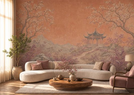 Asian Landscape Wallpaper Pavilion Gazebo Removable Chinoiserie Wall Decor