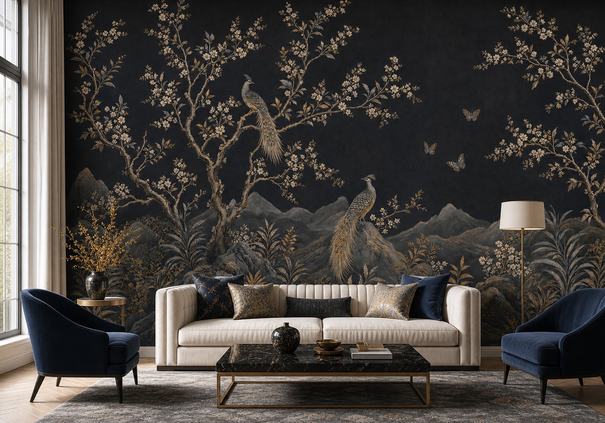 Night Landscape Wallpaper Blossom Branches Removable Gold Accents Wall Decor