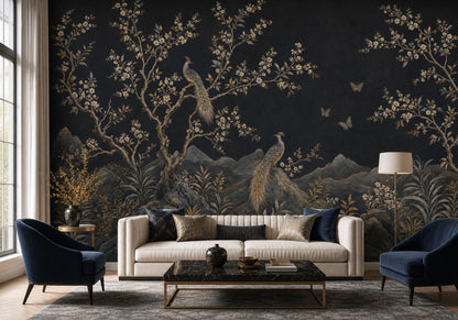 Night Landscape Wallpaper Blossom Branches Removable Gold Accents Wall Decor
