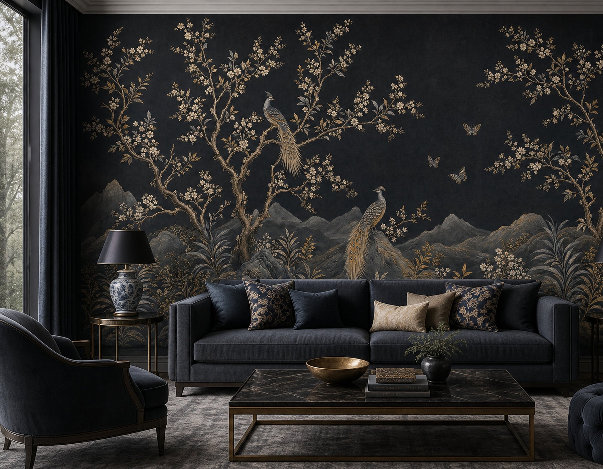 Night Landscape Wallpaper Blossom Branches Removable Gold Accents Wall Decor