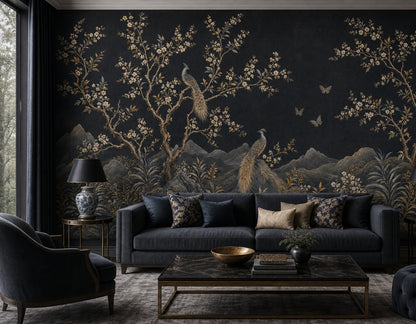 Night Landscape Wallpaper Blossom Branches Removable Gold Accents Wall Decor