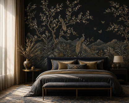 Night Landscape Wallpaper Blossom Branches Removable Gold Accents Wall Decor