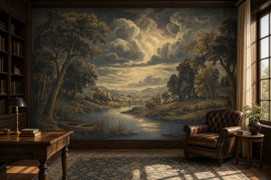 Dark Landscape Wallpaper Vintage Engraving River Valley Removable Wall Decor