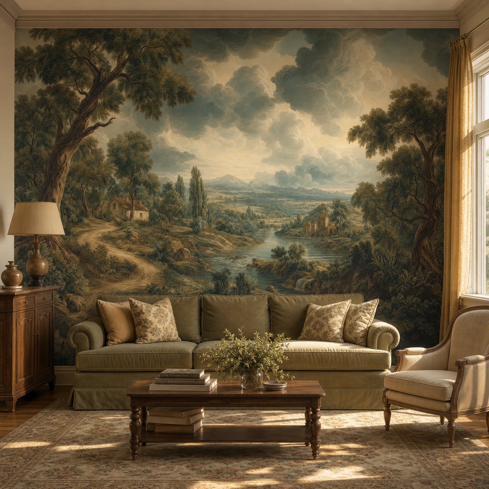 Muted Green Wallpaper Pastoral Landscape Removable Countryside Wall Decor