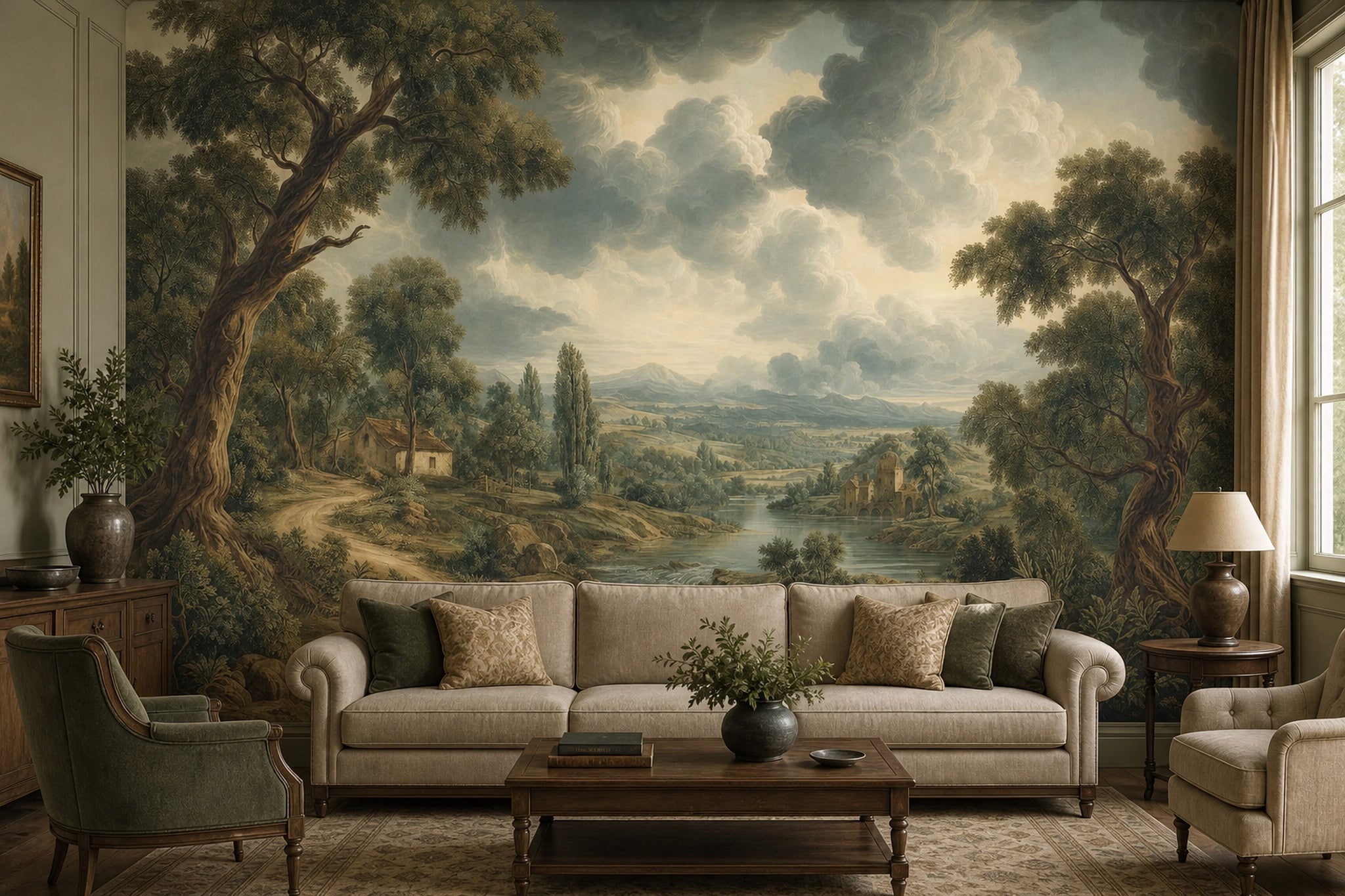 Muted Green Wallpaper Pastoral Landscape Removable Countryside Wall Decor