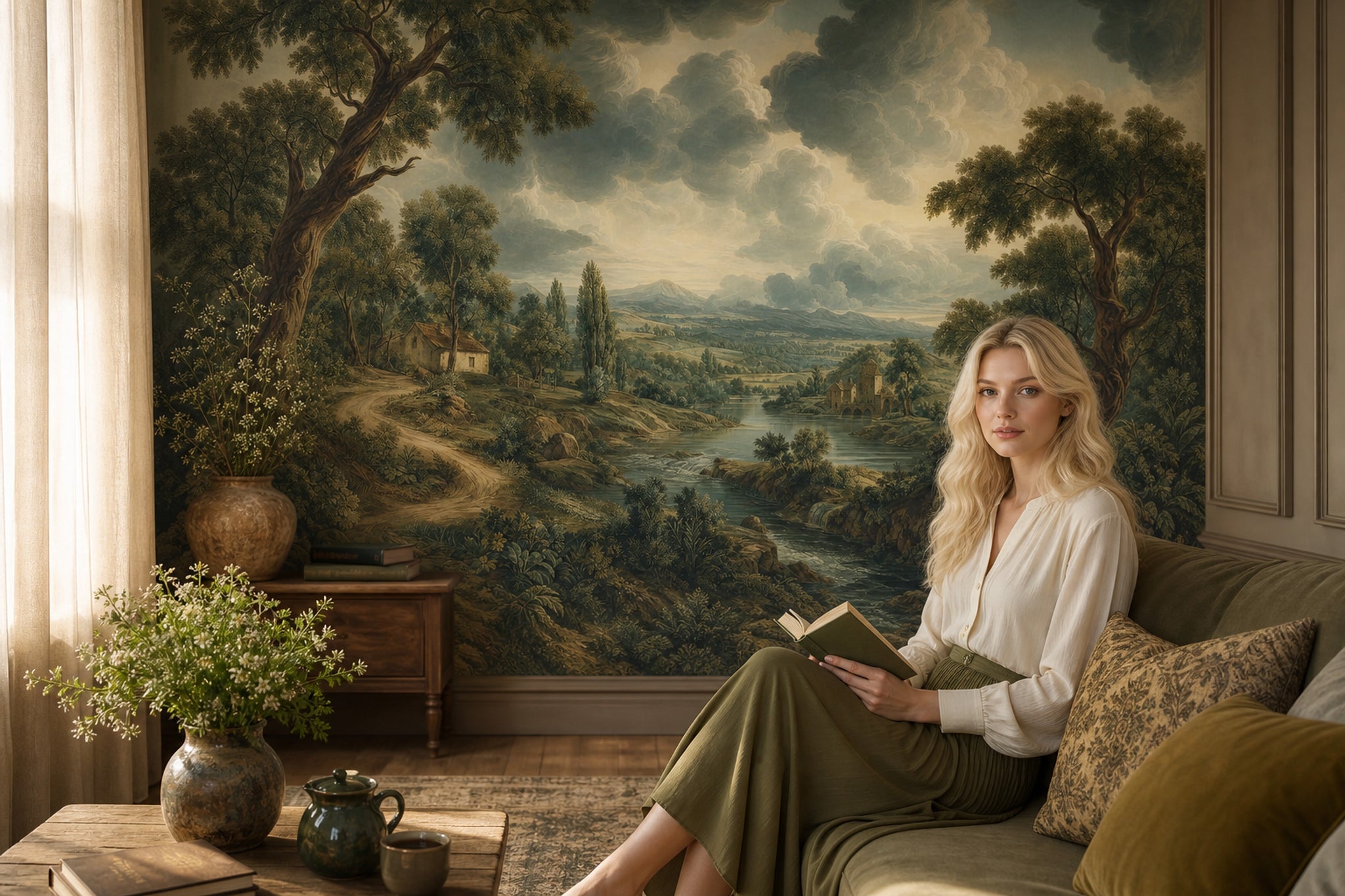 Muted Green Wallpaper Pastoral Landscape Removable Countryside Wall Decor