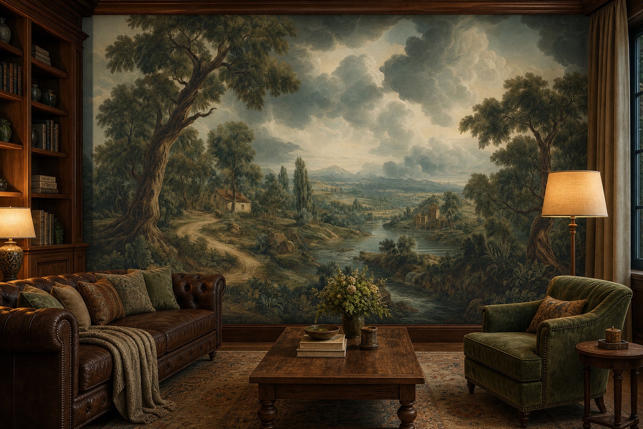 Muted Green Wallpaper Pastoral Landscape Removable Countryside Wall Decor