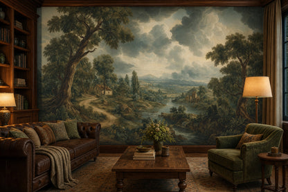 Muted Green Wallpaper Pastoral Landscape Removable Countryside Wall Decor