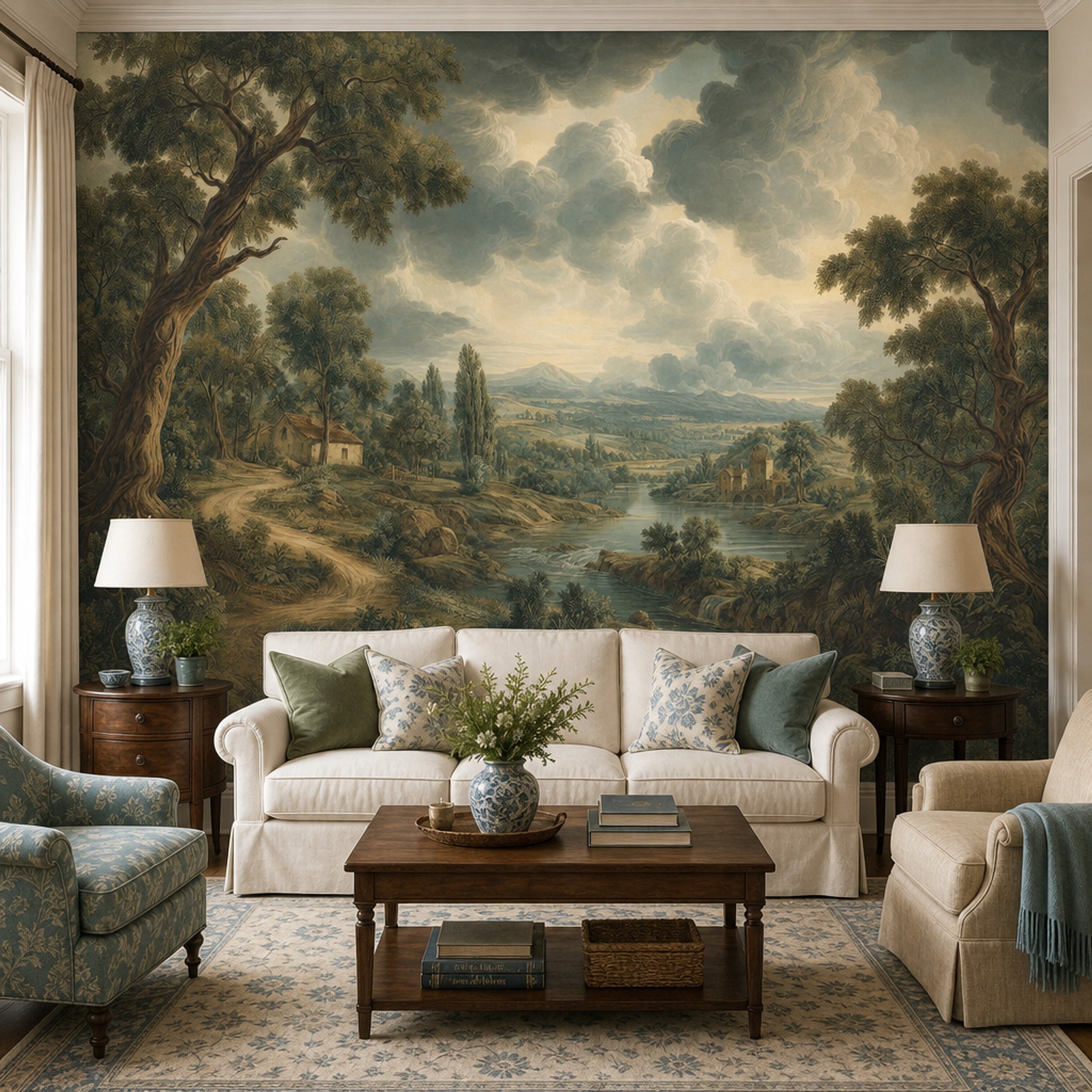 Muted Green Wallpaper Pastoral Landscape Removable Countryside Wall Decor
