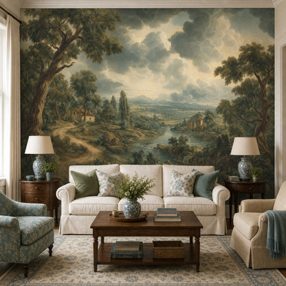 Muted Green Wallpaper Pastoral Landscape Removable Countryside Wall Decor