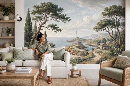 Coastal Landscape Wallpaper Seaside Village Lighthouse Removable Wall Decor