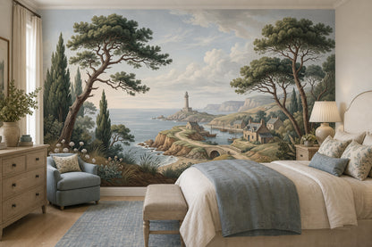 Coastal Landscape Wallpaper Seaside Village Lighthouse Removable Wall Decor