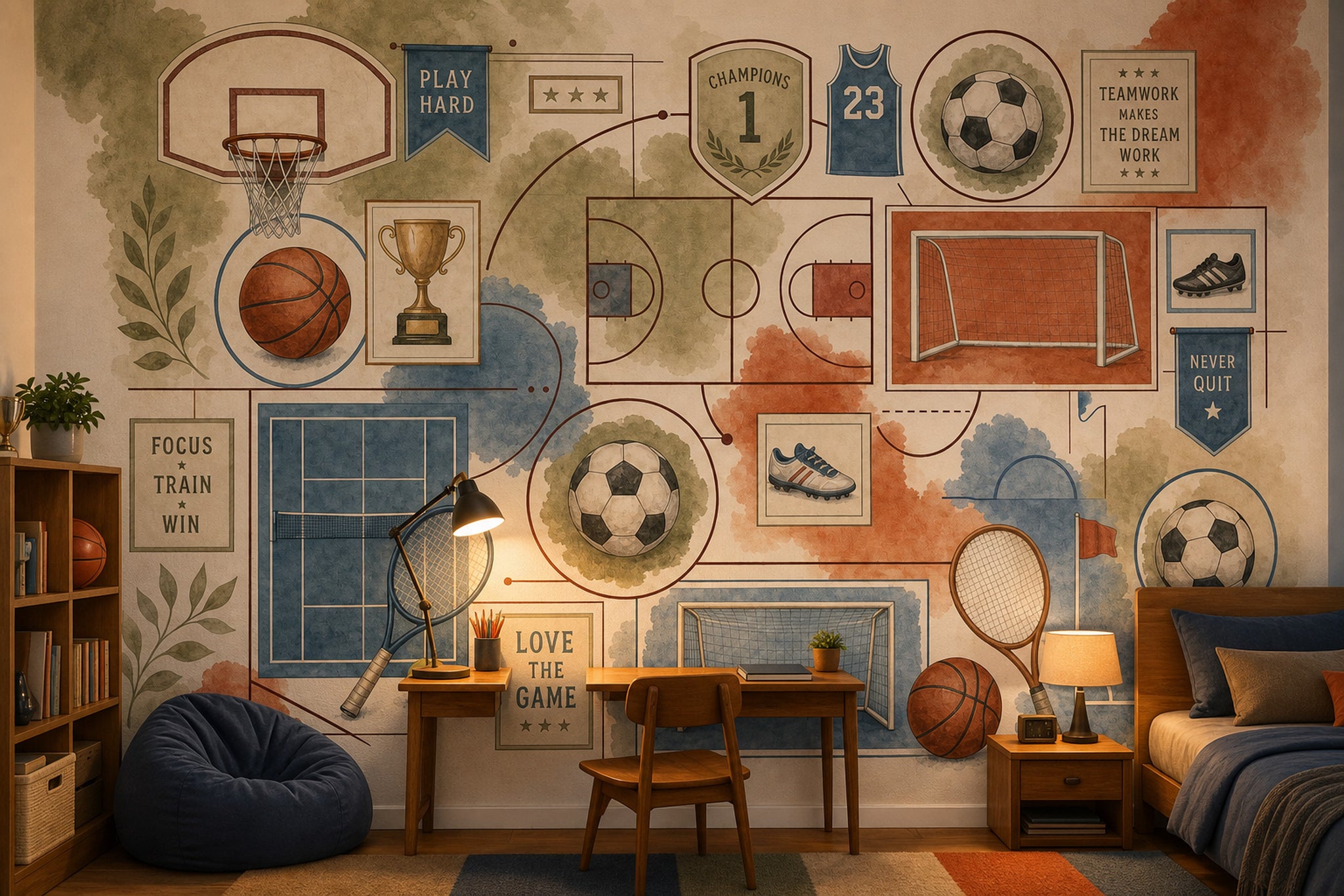 Sports Collage Wallpaper Watercolor Motivational Quotes Wall Mural