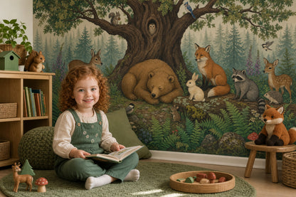 Woodland Wallpaper Forest Animals Removable Oak Tree Wall Decor