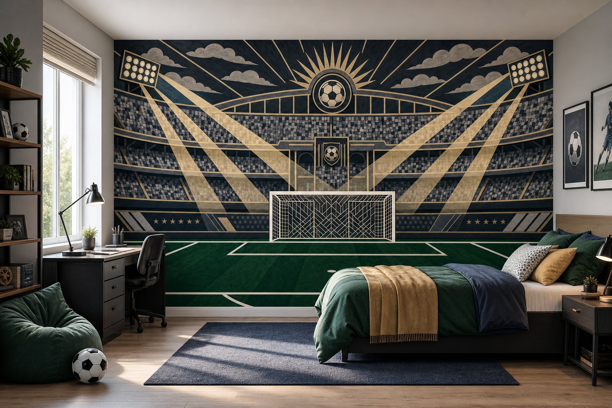 Dark Soccer Stadium Wallpaper Football Goal Spotlight Beams Wall Mural