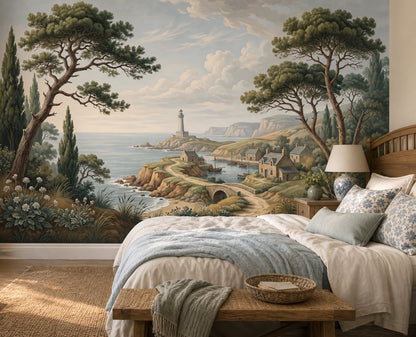 Coastal Landscape Wallpaper Seaside Village Lighthouse Removable Wall Decor