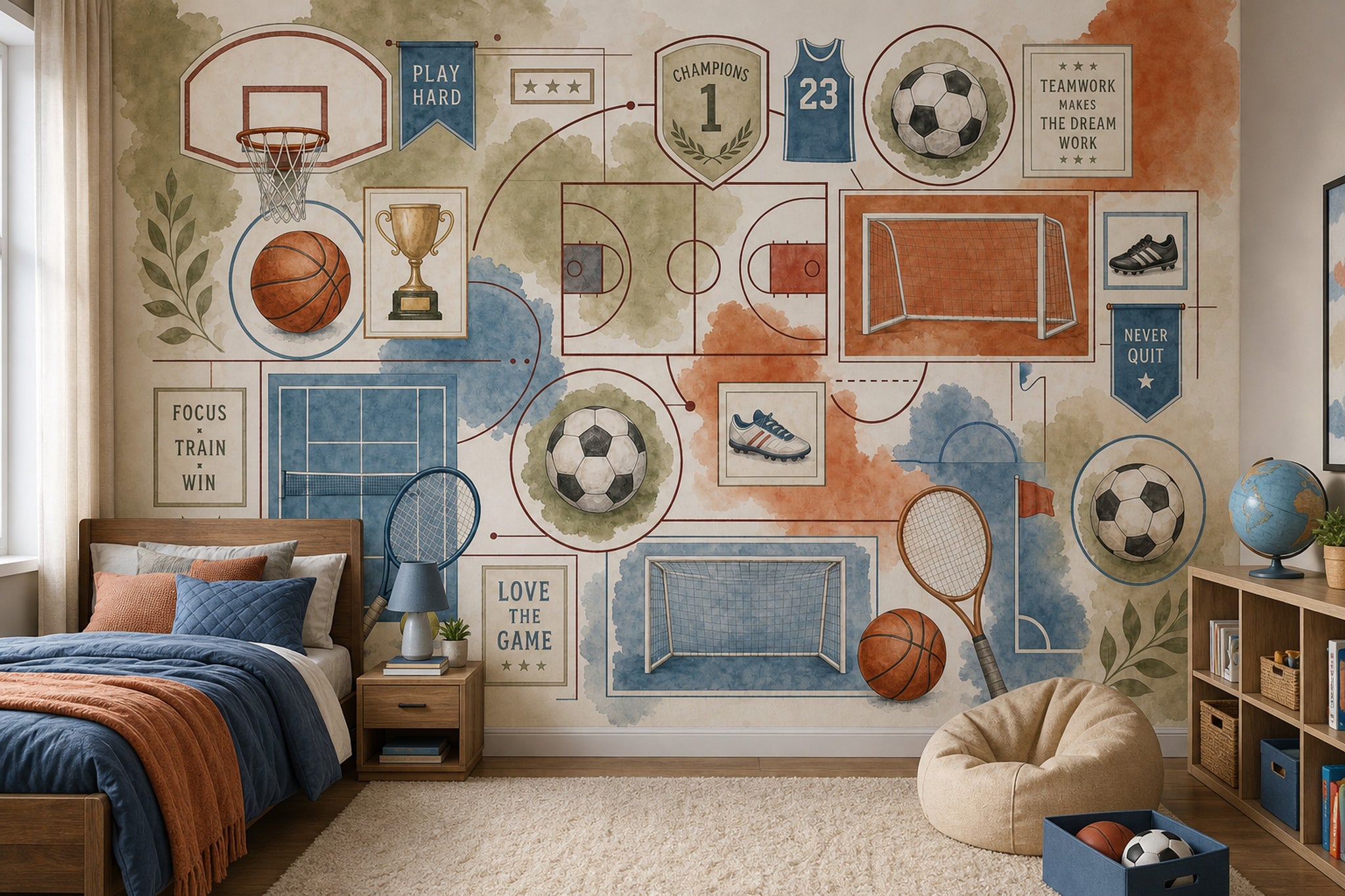 Sports Collage Wallpaper Watercolor Motivational Quotes Wall Mural