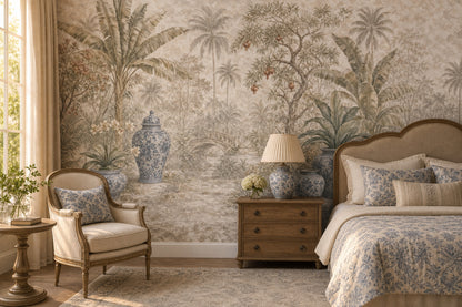 Tropical Landscape Wallpaper Palm Trees Removable Blue And White Porcelain Wall Decor