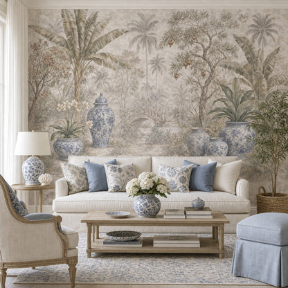 Tropical Landscape Wallpaper Palm Trees Removable Blue And White Porcelain Wall Decor