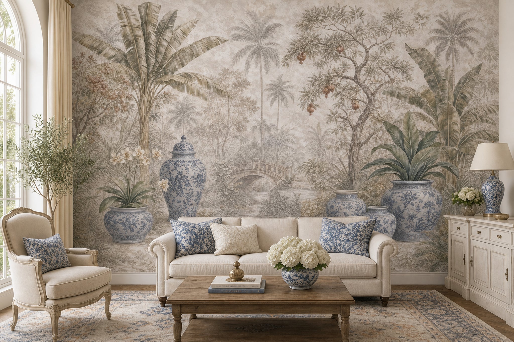 Tropical Landscape Wallpaper Palm Trees Removable Blue And White Porcelain Wall Decor
