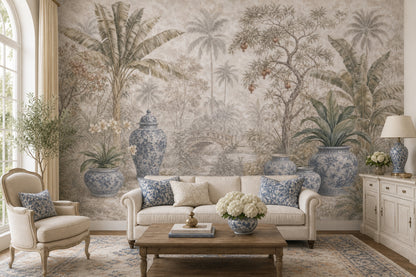 Tropical Landscape Wallpaper Palm Trees Removable Blue And White Porcelain Wall Decor