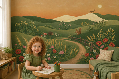 Rolling Hills Wallpaper Wildflower Meadow Storybook Illustration Wall Mural