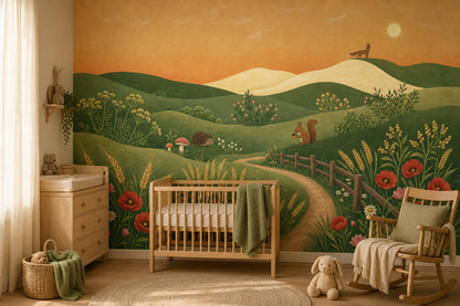 Rolling Hills Wallpaper Wildflower Meadow Storybook Illustration Wall Mural