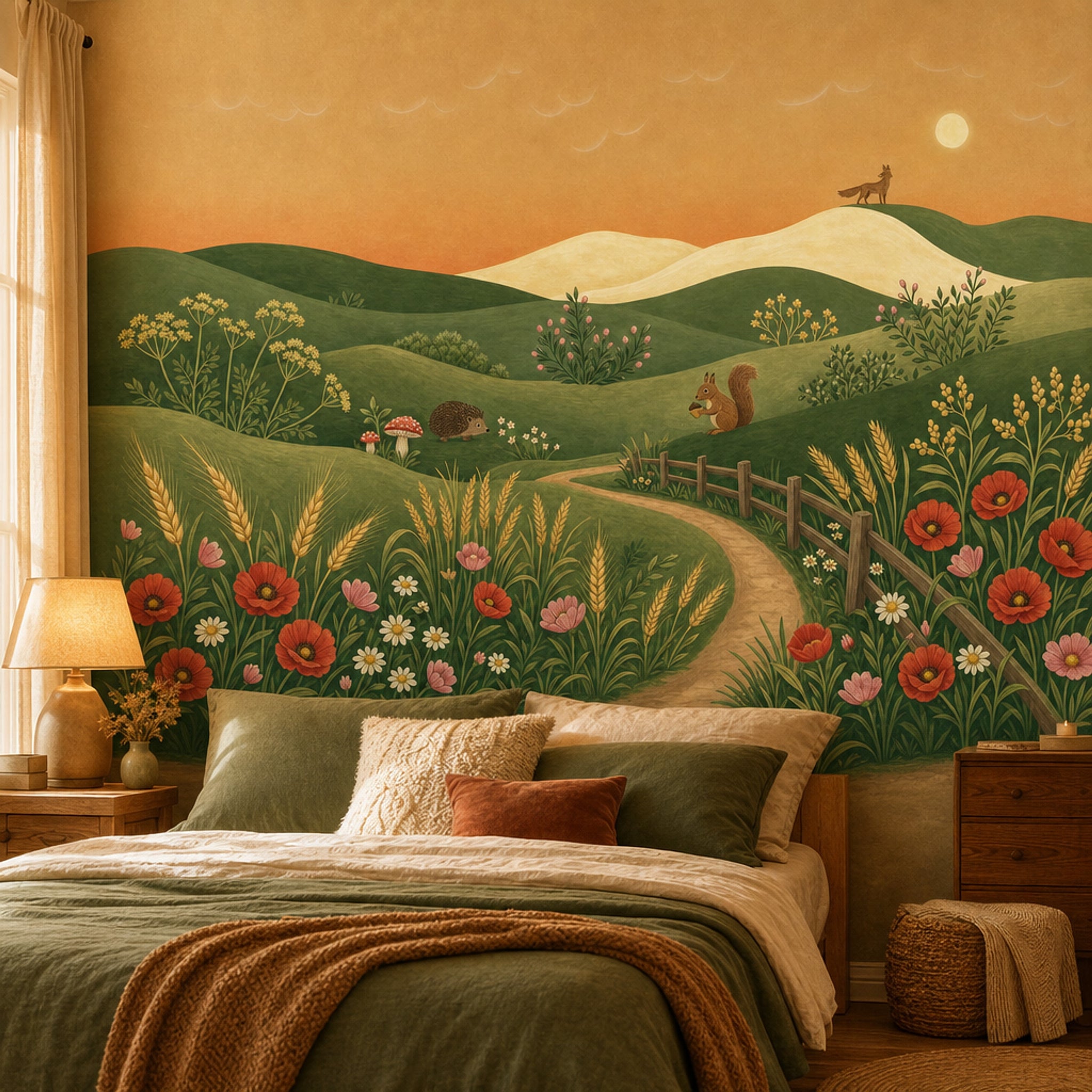 Rolling Hills Wallpaper Wildflower Meadow Storybook Illustration Wall Mural