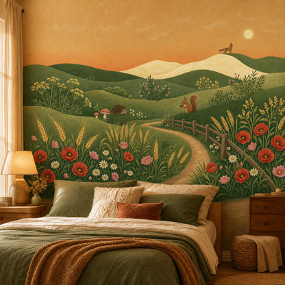Rolling Hills Wallpaper Wildflower Meadow Storybook Illustration Wall Mural