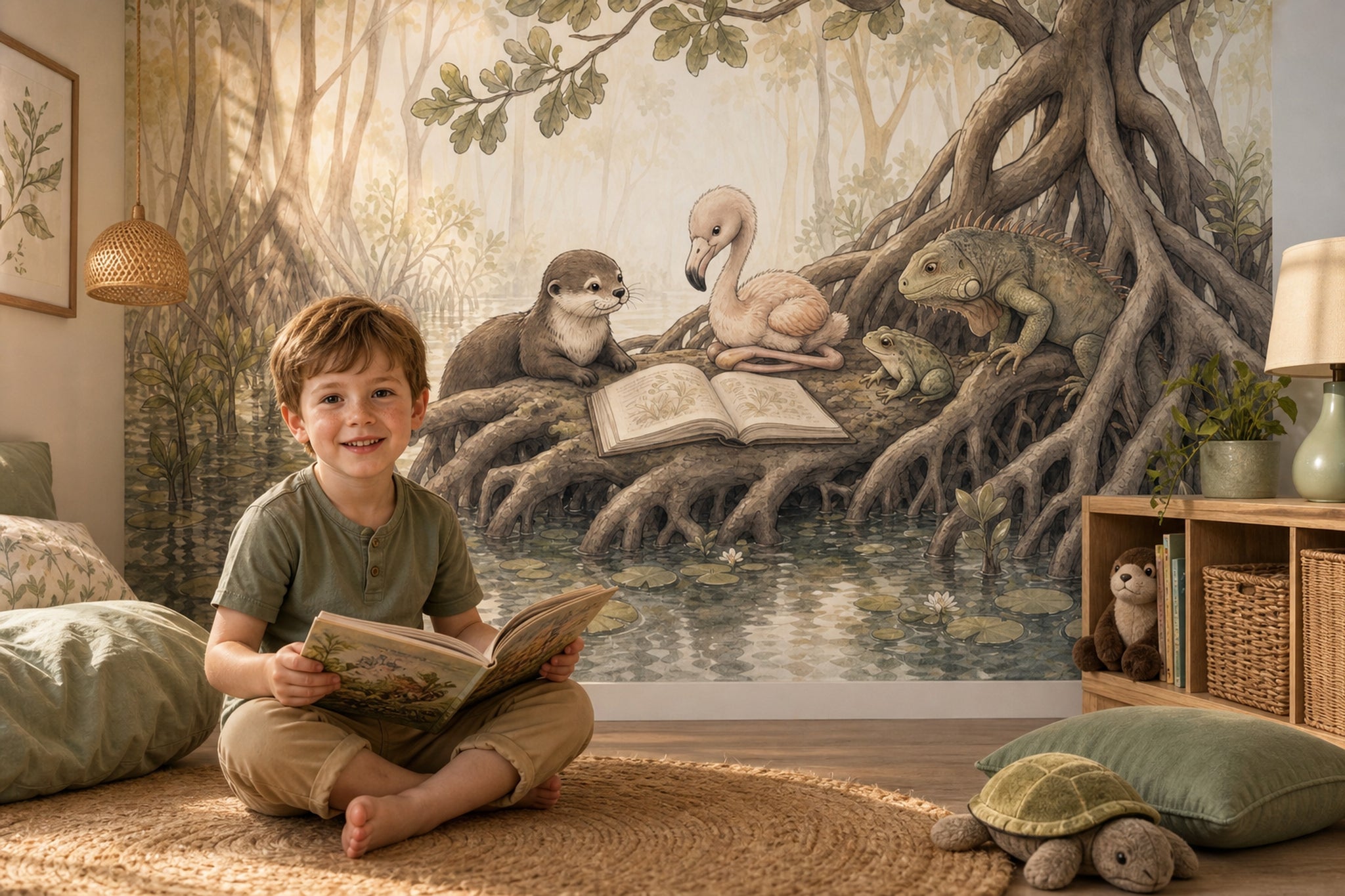 Storybook Illustration Wallpaper Wetland Landscape Removable Mangrove Roots Wall Decor