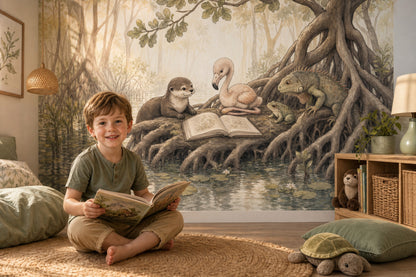 Storybook Illustration Wallpaper Wetland Landscape Removable Mangrove Roots Wall Decor