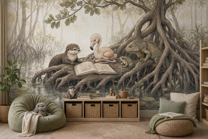 Storybook Illustration Wallpaper Wetland Landscape Removable Mangrove Roots Wall Decor