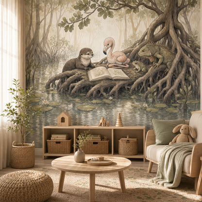 Storybook Illustration Wallpaper Wetland Landscape Removable Mangrove Roots Wall Decor