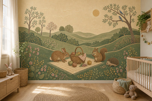 Pastoral Landscape Wallpaper Woodland Animals Vintage Illustration Removable Wall Decor