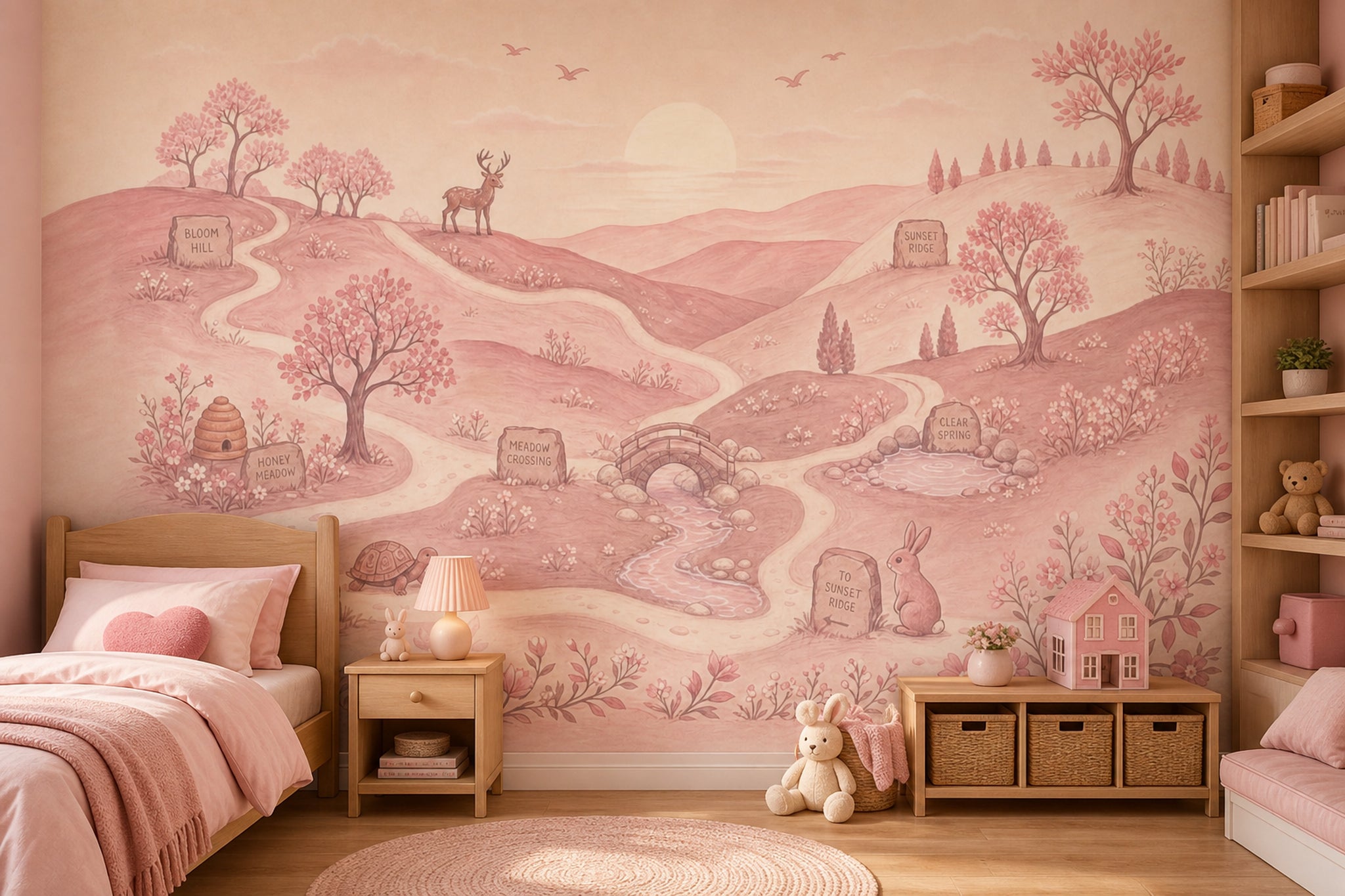 Storybook Landscape Wallpaper Rolling Hills Removable Pastel Pink Wall Decor