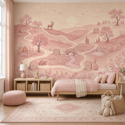 Storybook Landscape Wallpaper Rolling Hills Removable Pastel Pink Wall Decor