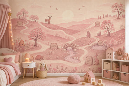 Storybook Landscape Wallpaper Rolling Hills Removable Pastel Pink Wall Decor