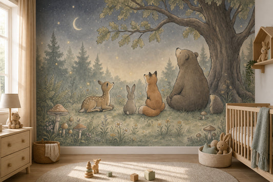 Dark Woodland Night Wallpaper Watercolor Illustration Removable Forest Animals Wall Decor