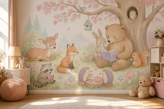 Woodland Animals Wallpaper Storybook Pastel Watercolor Removable Wall Decor
