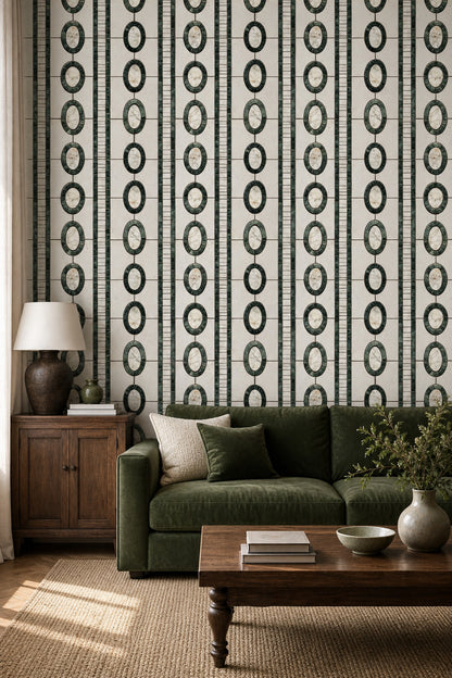 Geometric Mosaic Wallpaper Oval Medallions Art Deco Inspired Decorative Mural