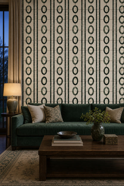 Geometric Mosaic Wallpaper Oval Medallions Art Deco Inspired Decorative Mural