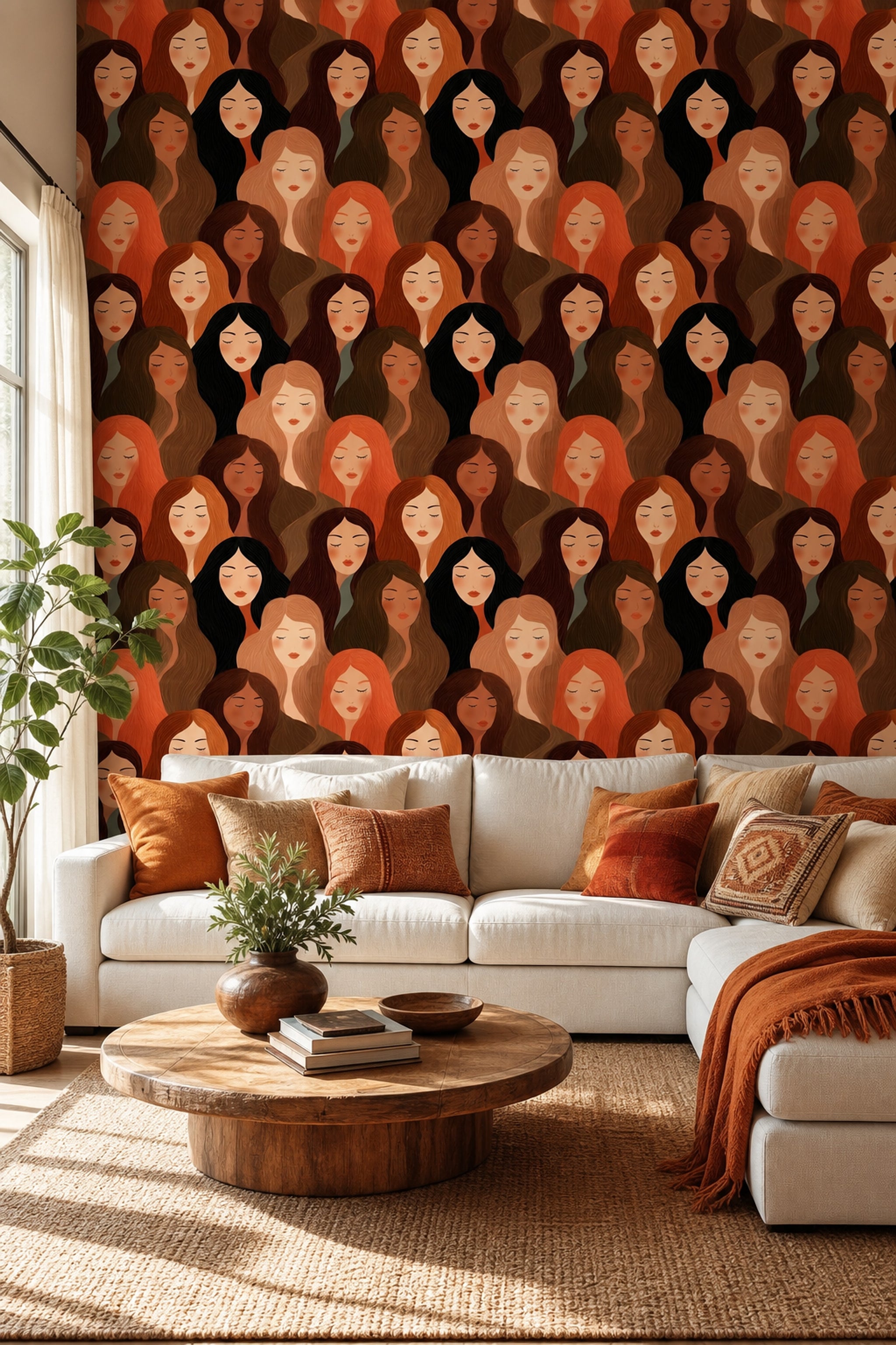 Abstract Portrait Pattern Wallpaper Women Faces Diverse Skin Tones Removable Wall Decor