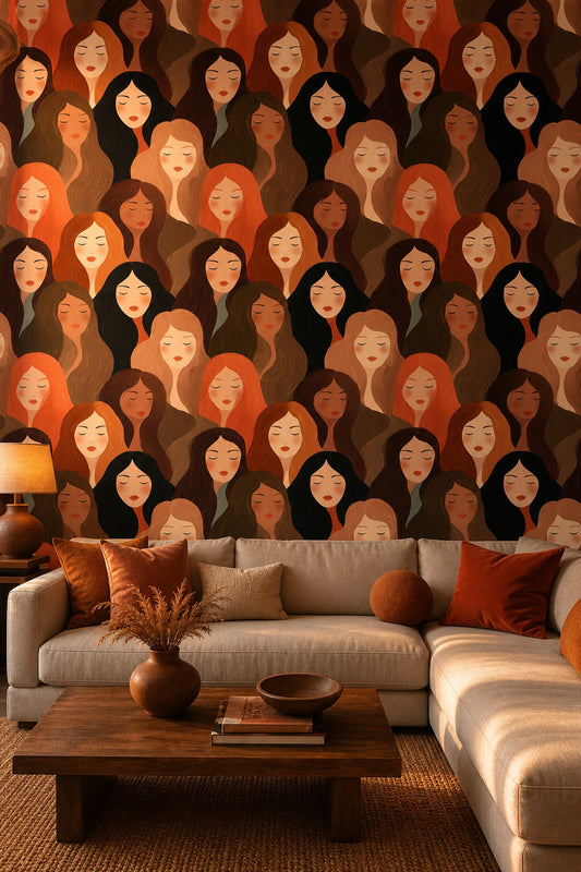 Abstract Portrait Pattern Wallpaper Women Faces Diverse Skin Tones Removable Wall Decor