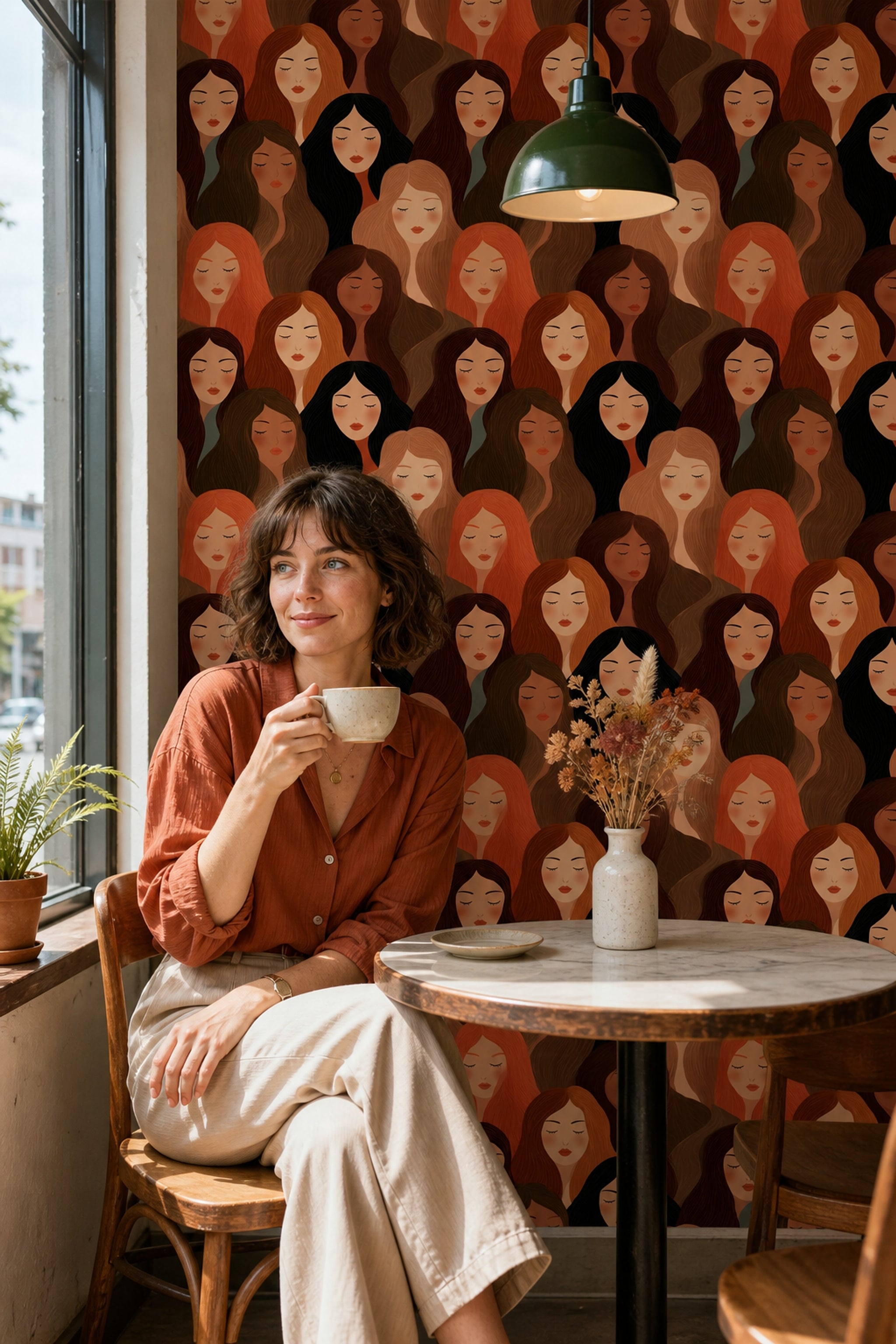 Abstract Portrait Pattern Wallpaper Women Faces Diverse Skin Tones Removable Wall Decor