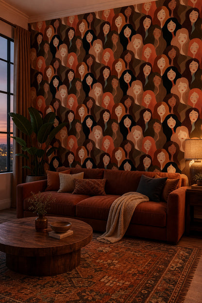 Abstract Portrait Pattern Wallpaper Women Faces Diverse Skin Tones Removable Wall Decor